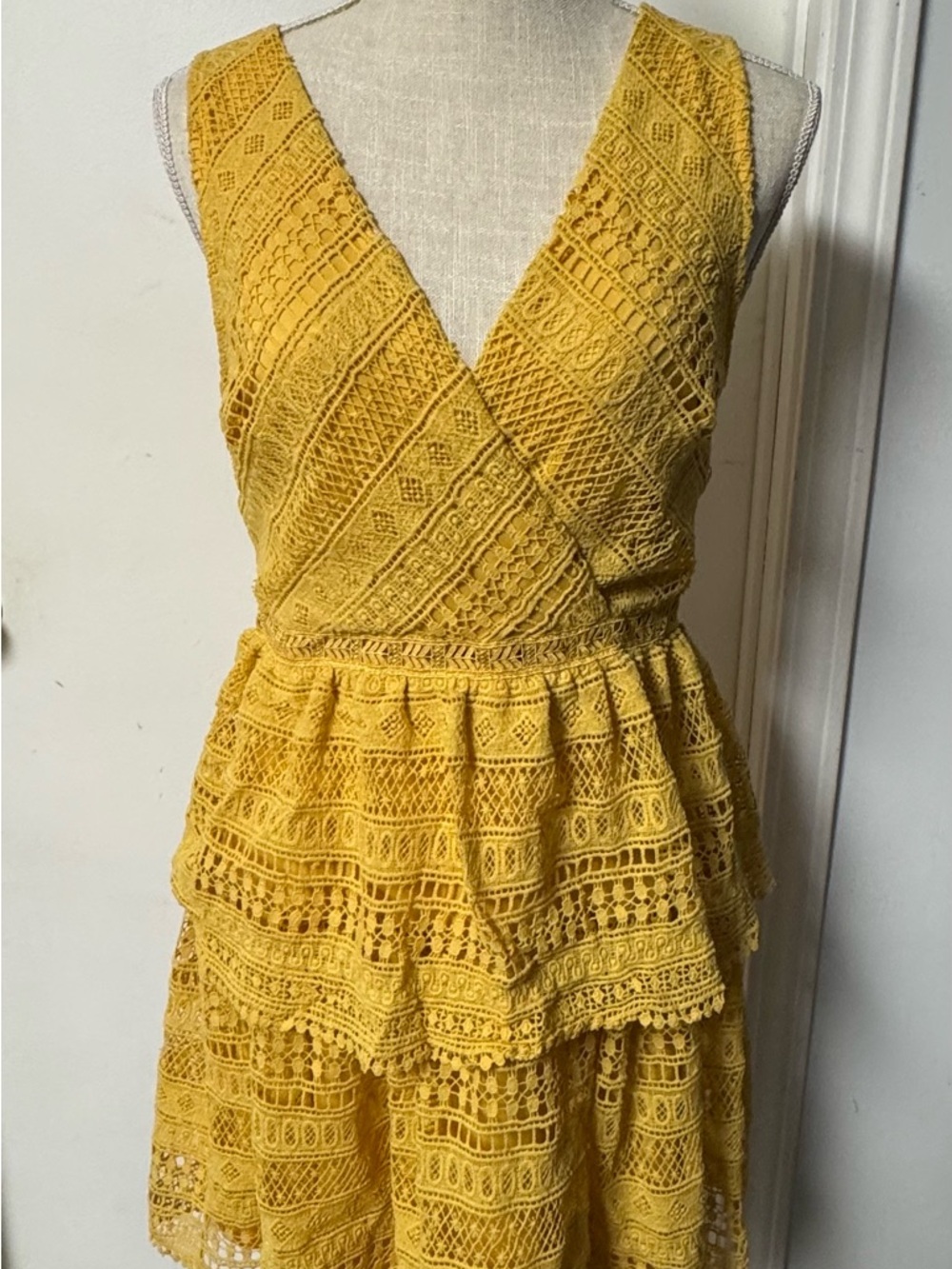 miami Yellow Crochet V-Neck Tiered Mini Dress - Picture 7 of 10
